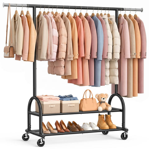 EAGMAK Heavy Duty Clothes Rail Load 252 KG, Rolling clothing Rail with Sturdy Wheels and 2 Shelves, Height Adjustable Metal Coat Racks