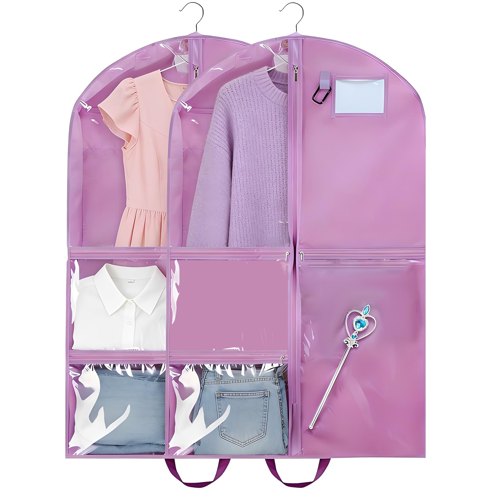 2 Pack 39.37 Inch Dance Costume Bag for Dancers, Hanging Garment Bags with Multiple Pockets, Clear Storage Organizer for Costumes