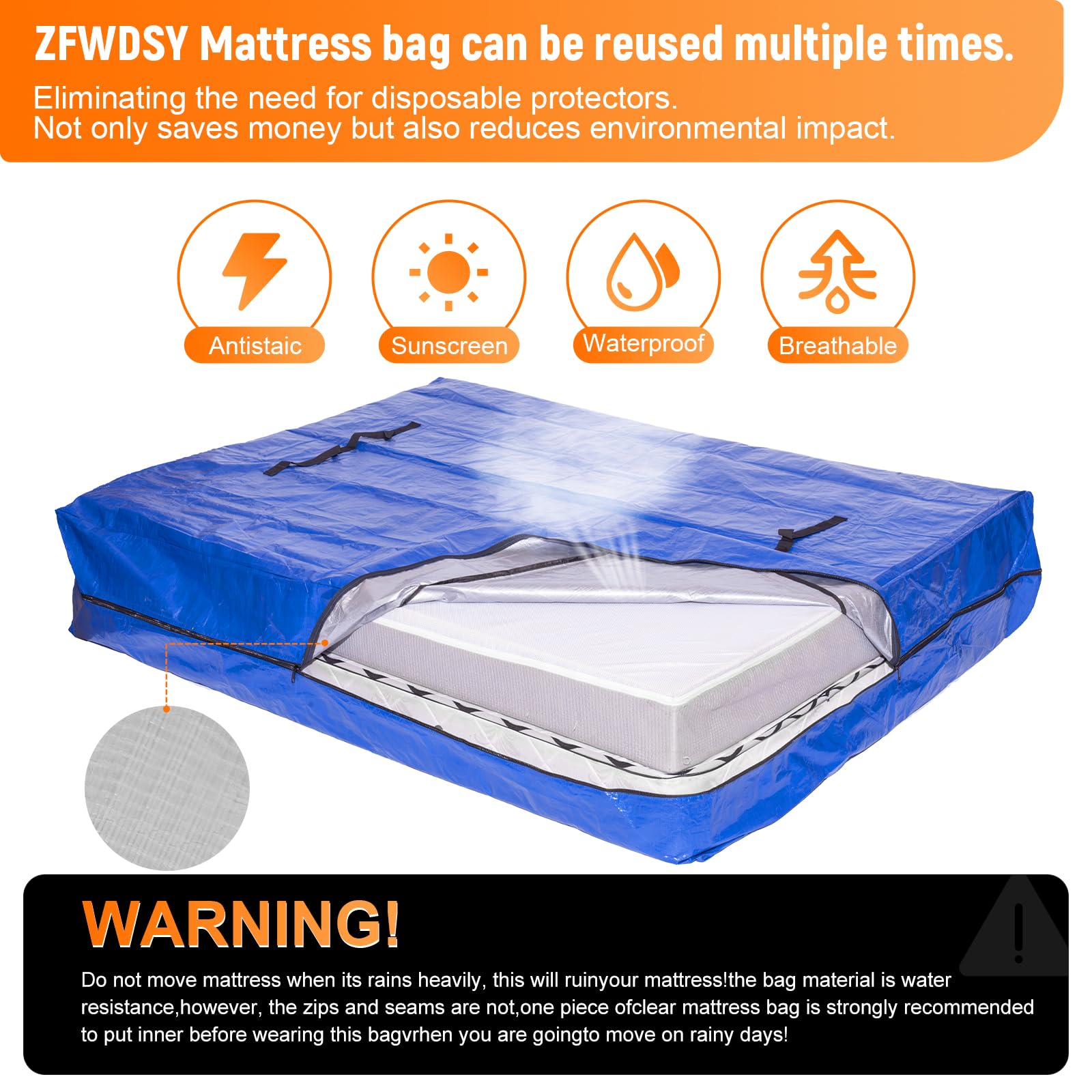 Mattress Moving Bags for Storage Mattress Cover Protector Moving Boxes Alternatives With Heavy Duty 8 Handles