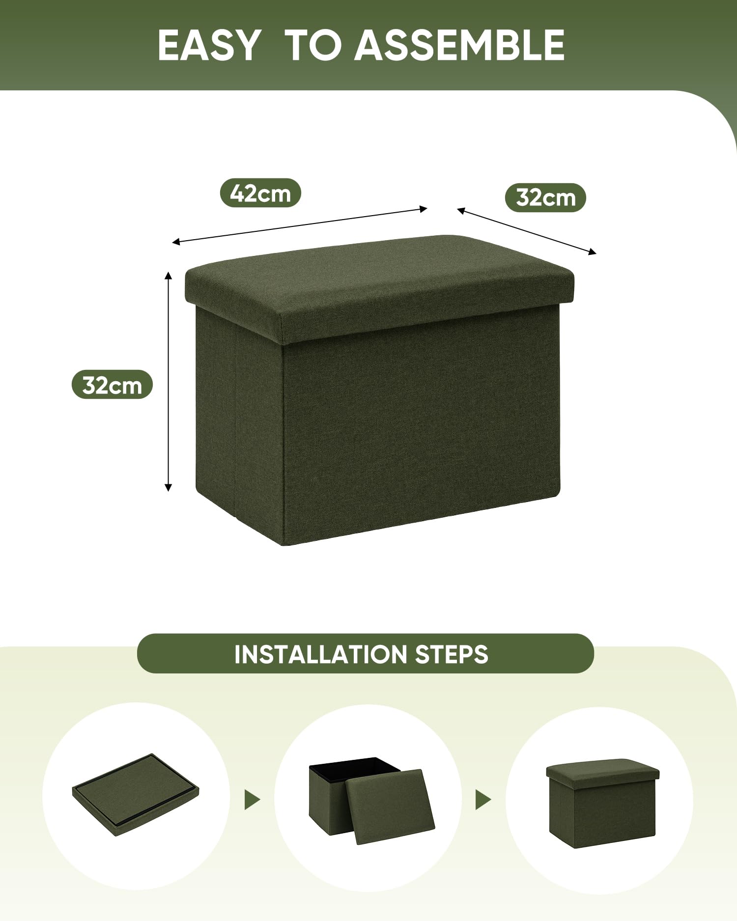 Bonlife Ottoman Storage Box - Foldable Rectangular Footstool for Living Room, Kids Toy Chest with Lid, Multi-Use Seat & Storage, Olive Green