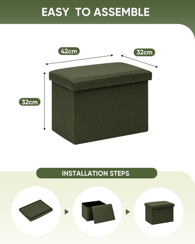 Bonlife Ottoman Storage Box - Foldable Rectangular Footstool for Living Room, Kids Toy Chest with Lid, Multi-Use Seat & Storage, Olive Green