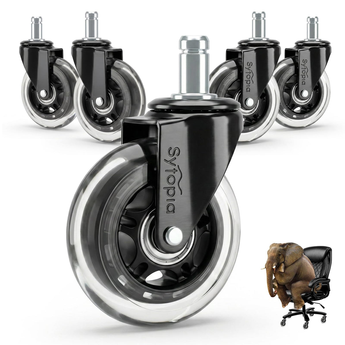 Office Chair Caster Wheels (Universal Stem Size: 11 x 22 mm, Matte Black)