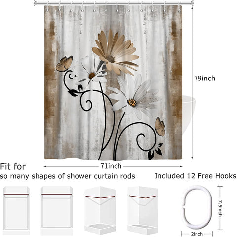 Hnmdmyi Farmhouse Floral Shower Curtain 180x200, Rustic Brown Daisy Flowers and Butterfly on Country Wooden Board Bathroom Curtains Waterproof