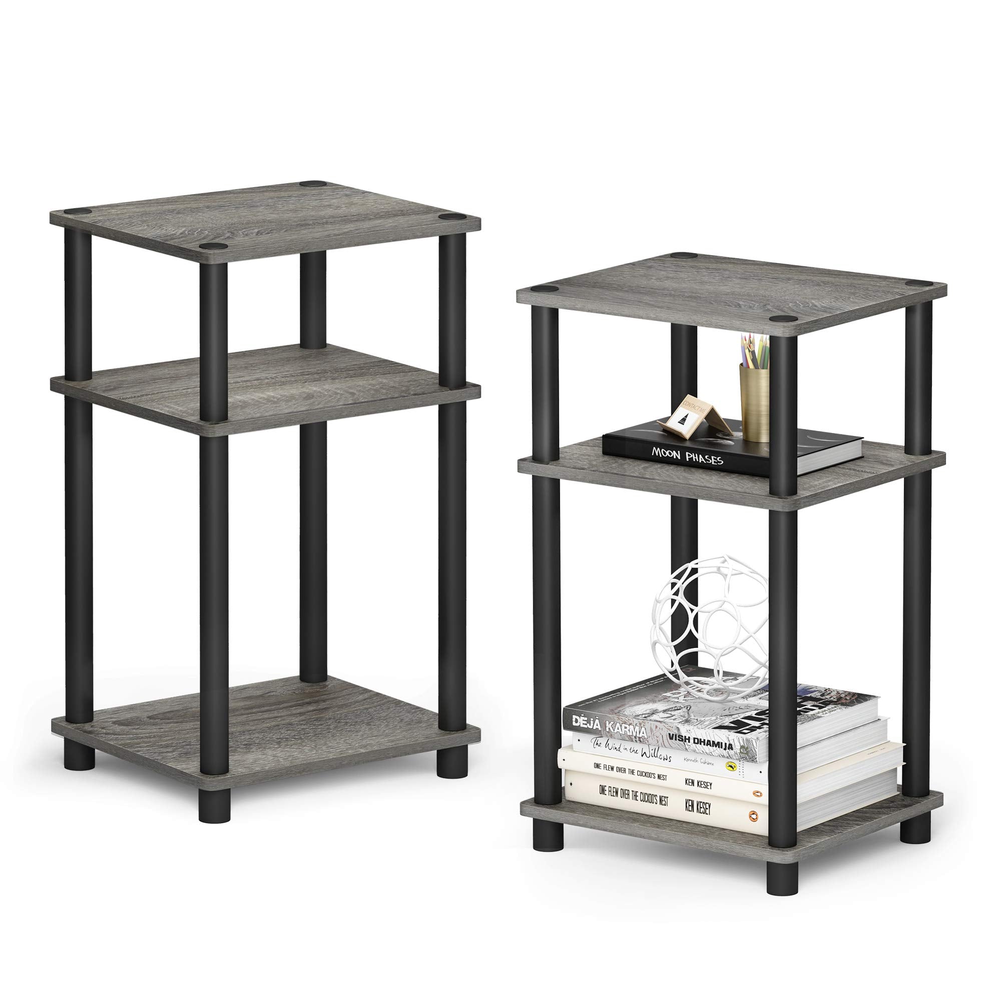 Furinno Just 3-Tier Turn-N-Tube End Table, Side Table, Nightstand, French Oak/Black, 2-Pack
