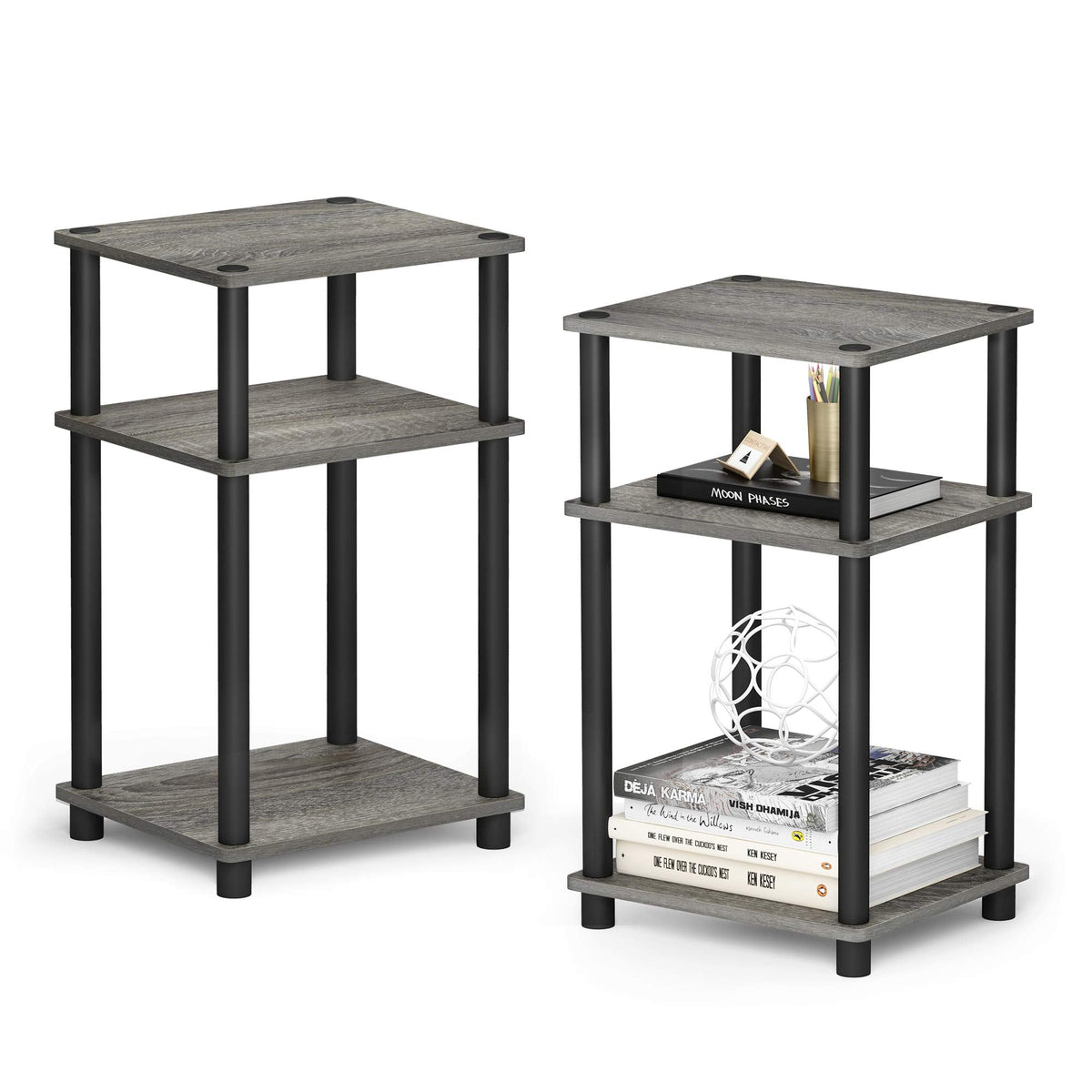 Furinno Just 3-Tier Turn-N-Tube End Table, Side Table, Nightstand, French Oak/Black, 2-Pack