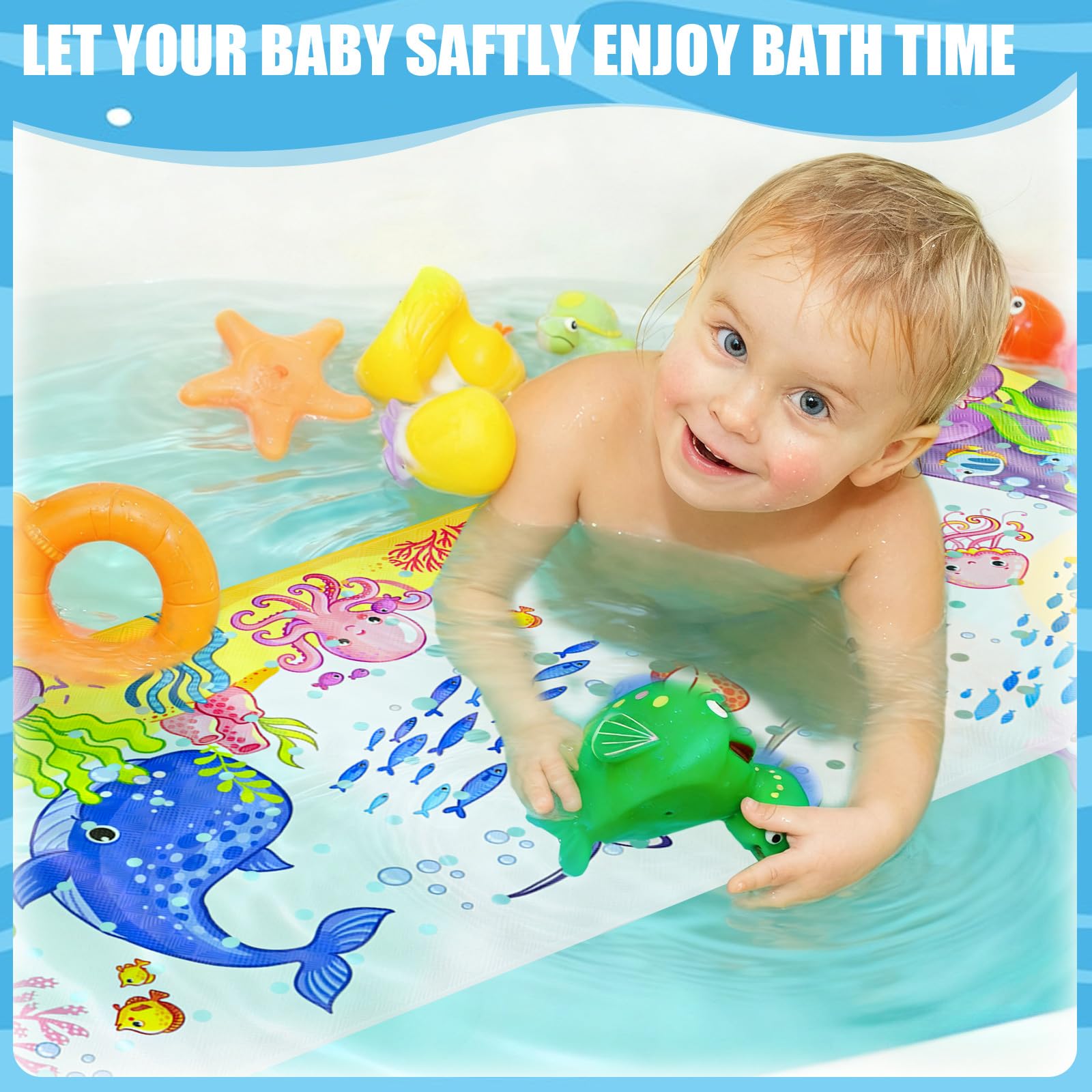 Baby Bath Mat Non Slip Anti Mould, 100 x 40cm Extra Long Bath Shower Tub Mat with Suction Cups and Drain Holes, Cartoon Patterned Kids Shower Mats