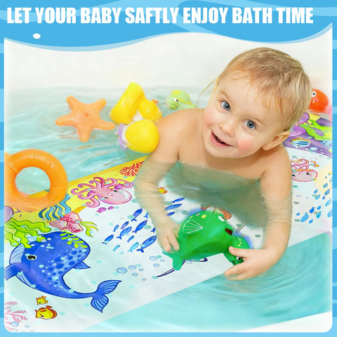 Baby Bath Mat Non Slip Anti Mould, 100 x 40cm Extra Long Bath Shower Tub Mat with Suction Cups and Drain Holes, Cartoon Patterned Kids Shower Mats