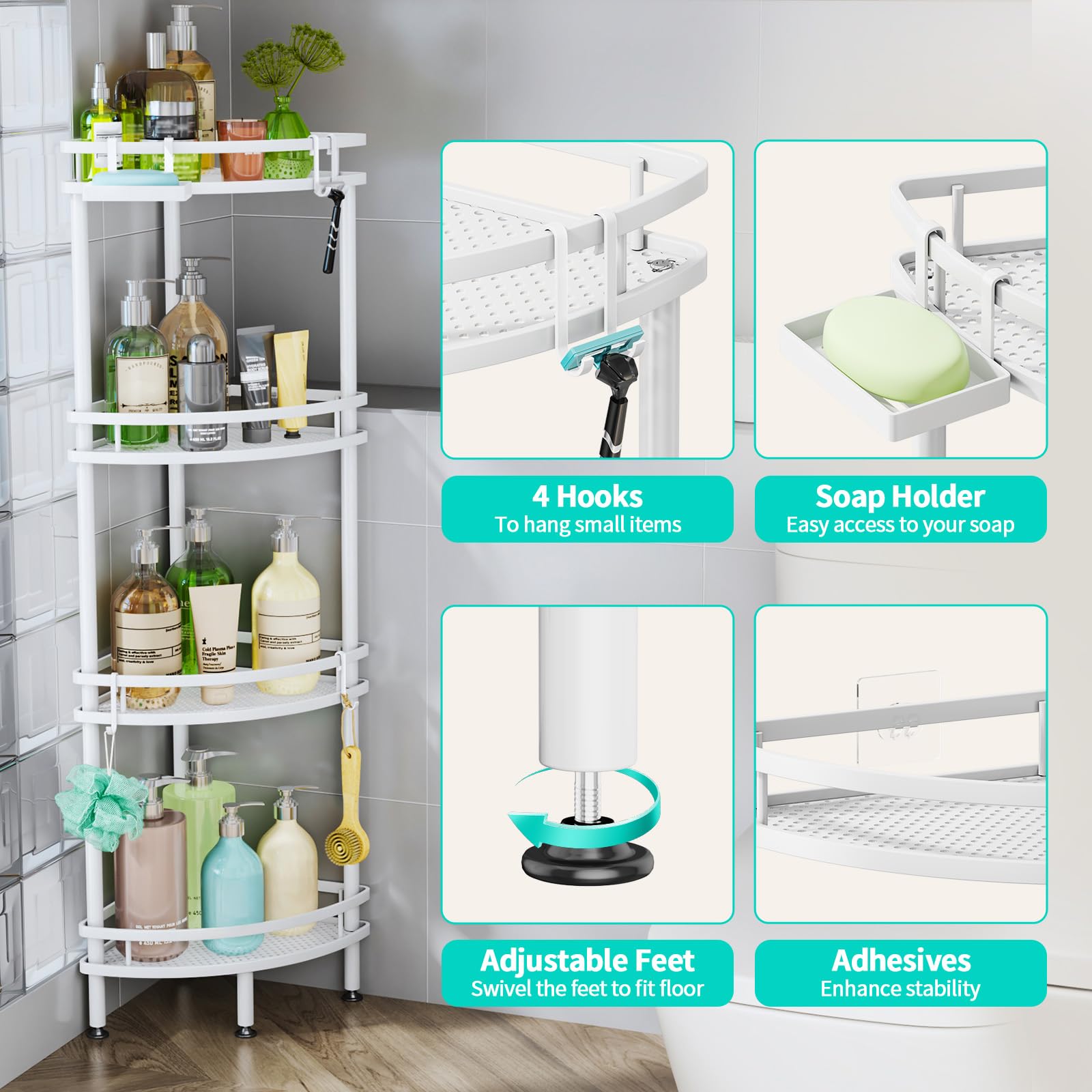 HapiRm Freestanding Shower Caddy Corner - 3 Tier Adjustable Feet Shelves