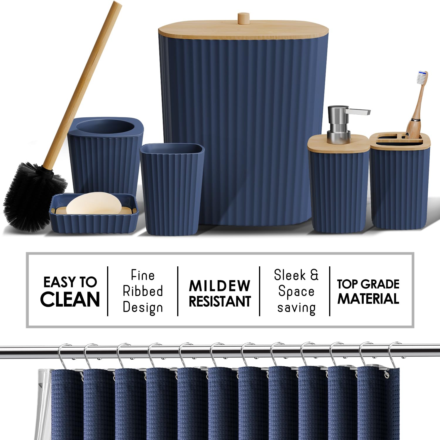 Clara Clark Bathroom Accessories Set - Bathroom Accessory Set with Shower Curtain Set, Toilet Brush, Trash Can & Soap Dispenser & Rugs