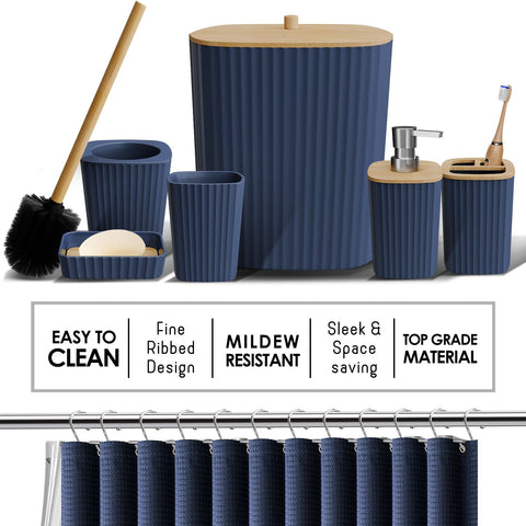 Clara Clark Bathroom Accessories Set - Bathroom Accessory Set with Shower Curtain Set, Toilet Brush, Trash Can & Soap Dispenser & Rugs