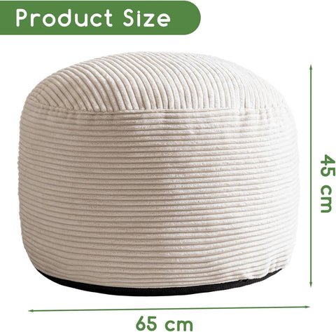 HIGOGOGO Corduroy Round Beanbags Footstool Bean Bag Pouf with Foam Chunk Filling, 65 x 45 cm Poufs Foot Rest for Living Room, Beige
