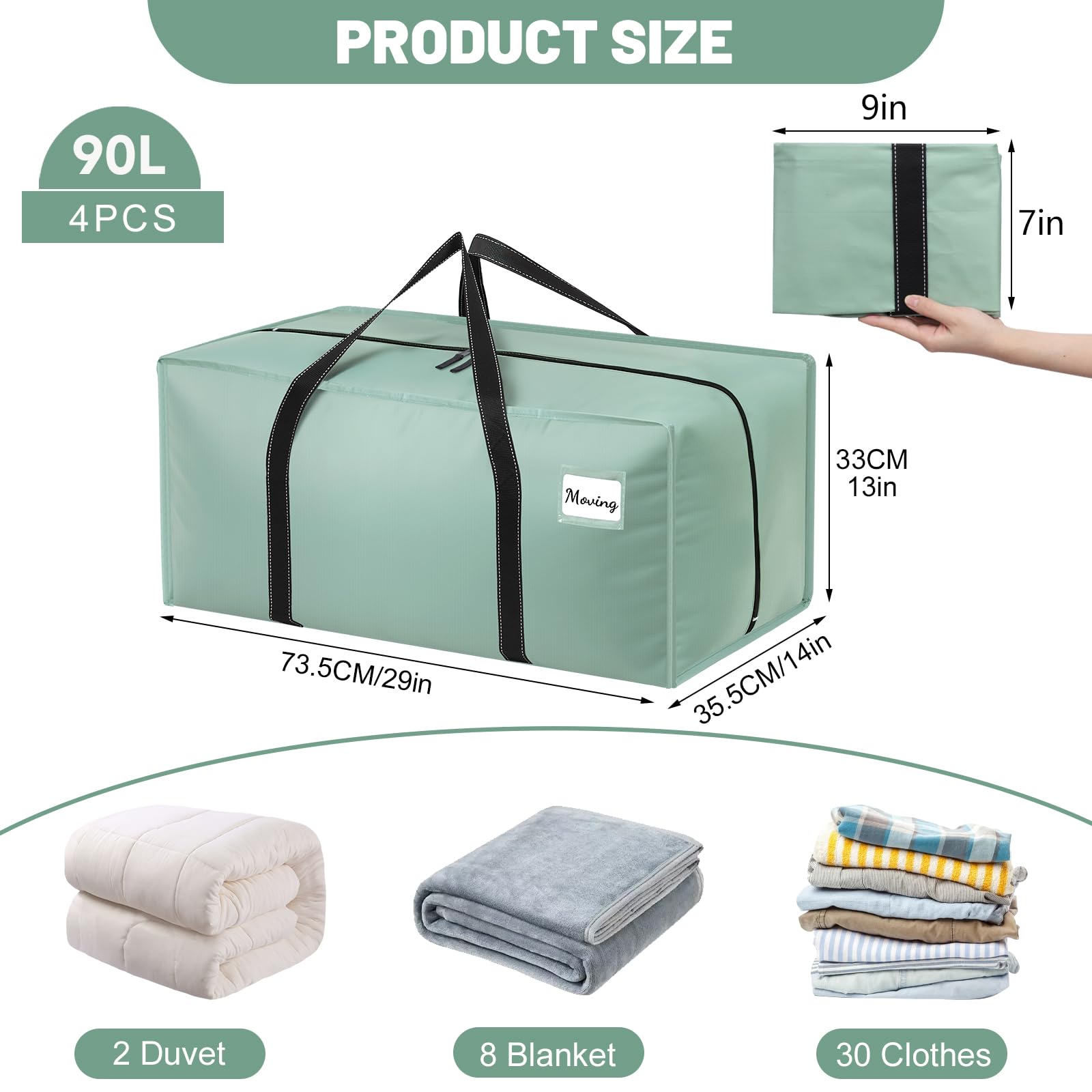 Dntorx 4 Pack 90L Moving Bags, Waterproof Storage Totes, Green