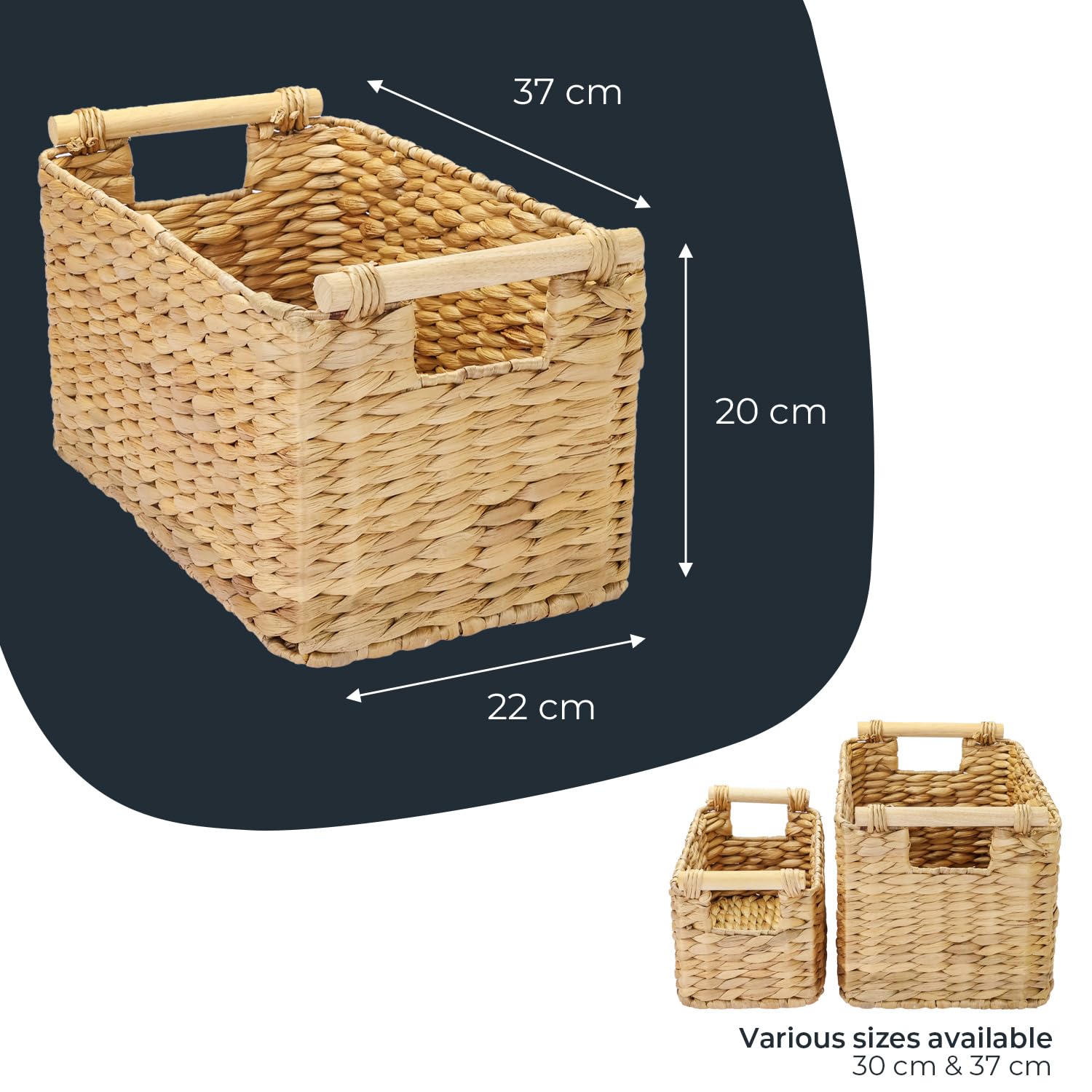 HMF Storage basket woven from water hyacinth, decorative basket with wooden handles for storage in the bathroom, living room, kitchen