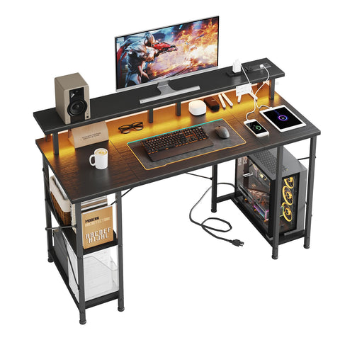 MUTUN Gaming Desk with LED Lights & Power Outlets, 120×50cm Computer Desk with Storage Shelves & Dual Monitor Stand
