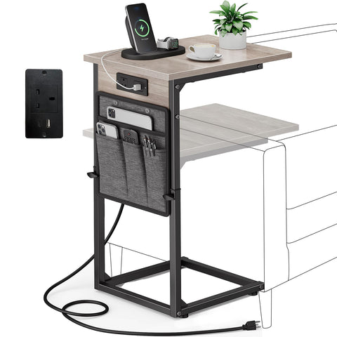 Vagusicc C-Shaped Side Table with Charging Station, Height Adjustable Sofa Side Table, Bedside Table, End Table for Small Spaces