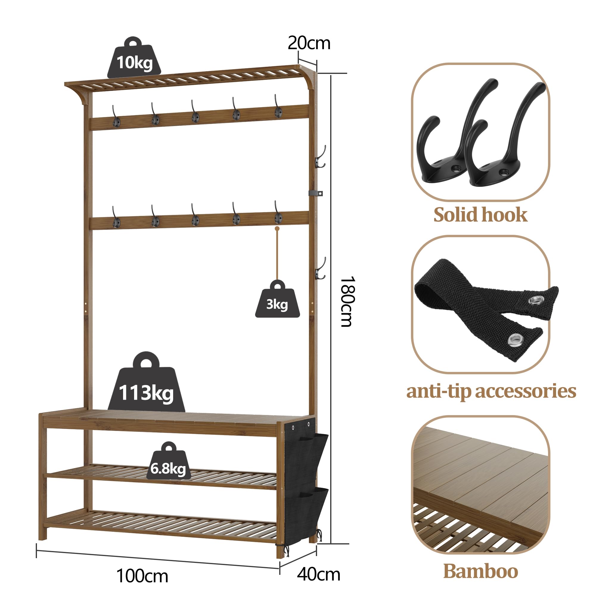 AMBIRD Coat Rack Bamboo Hall Tree Entryway Shoe Bench and Shelves, 6-in-1 Coat Stand with Storage Cloth Bags with 14 Coat Hooks