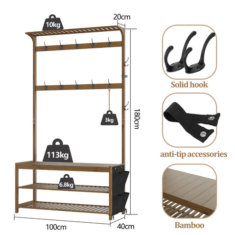 AMBIRD Coat Rack Bamboo Hall Tree Entryway Shoe Bench and Shelves, 6-in-1 Coat Stand with Storage Cloth Bags with 14 Coat Hooks