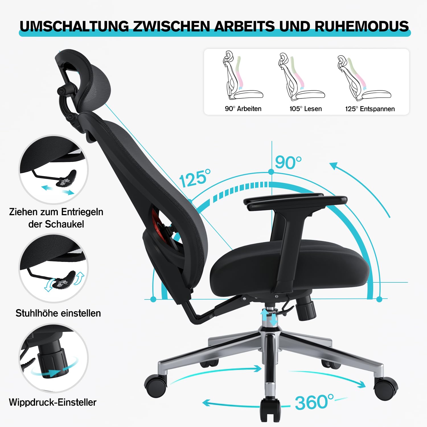 Eucladoceros M75 Ergonomic Office Chair with 125° Tilt Lock, Black