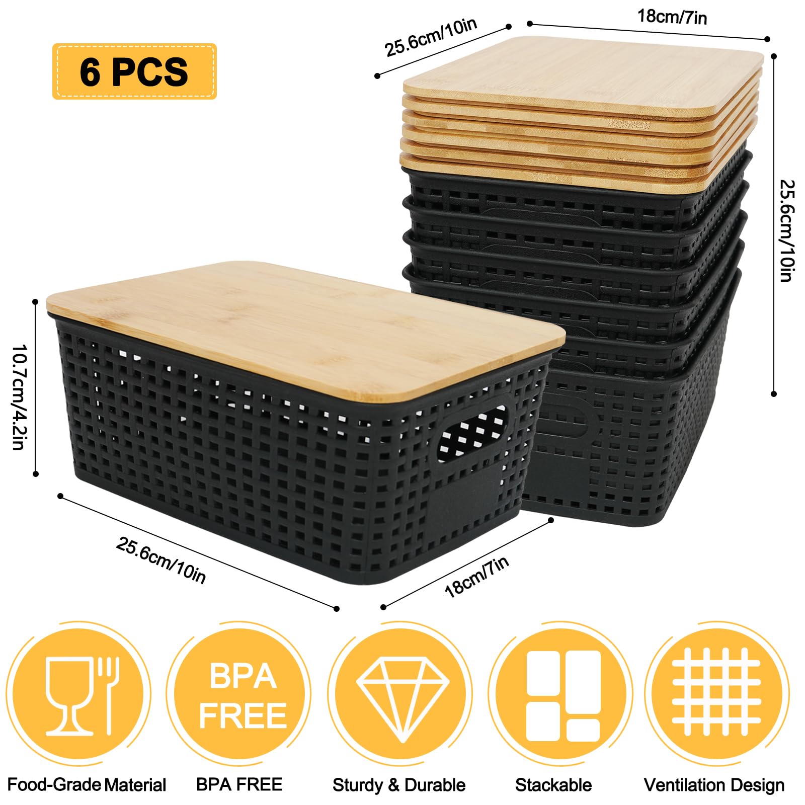 6Pcs Storage Plastic Baskets with Bamboo lids, Lidded Storage Bins - Black