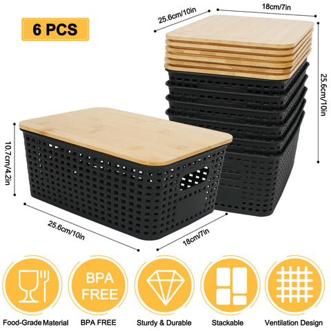 6Pcs Storage Plastic Baskets with Bamboo lids, Lidded Storage Bins - Black