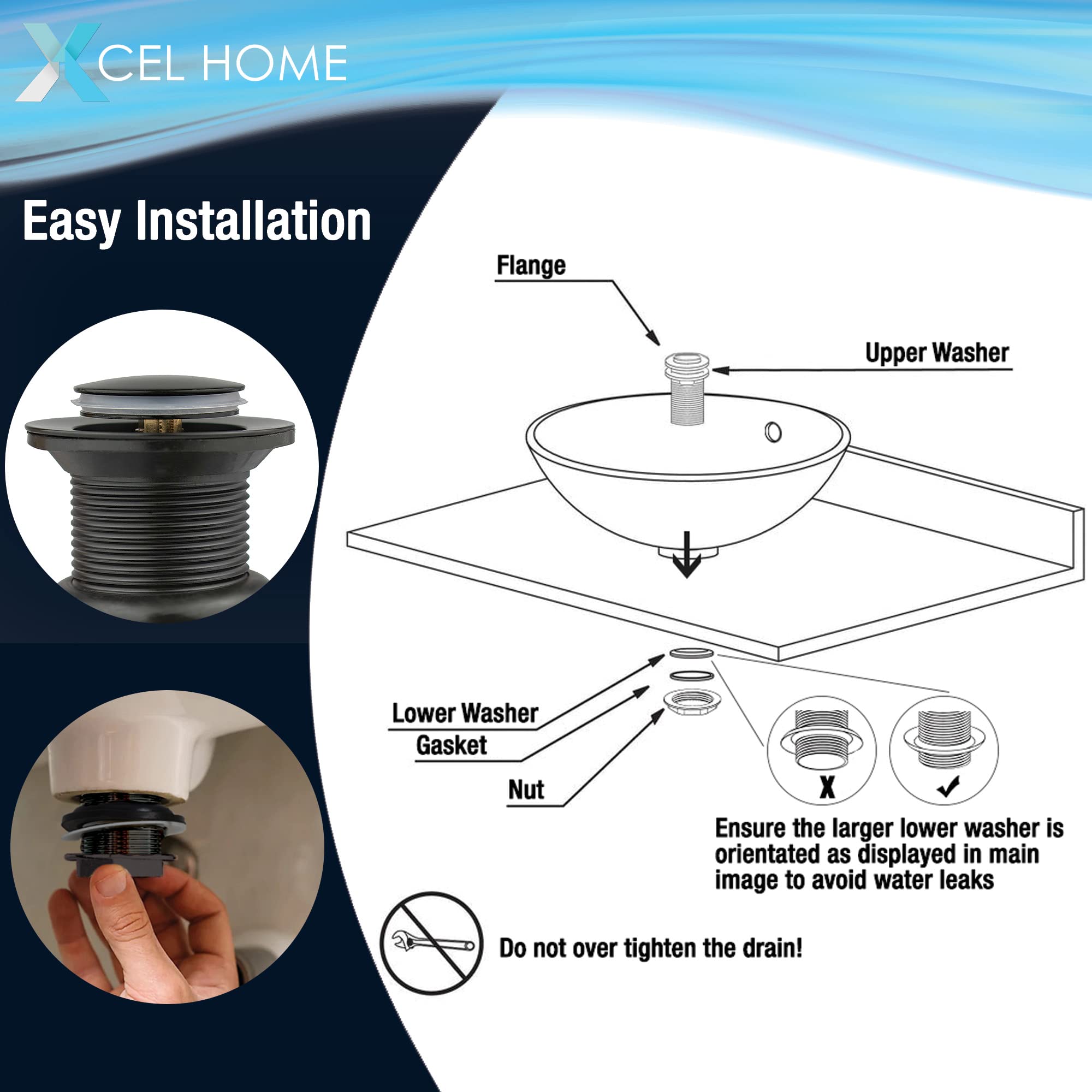 Xcel Home™ Unslotted Black Replacement Click Clack Basin Waste | Quality Brass Pop-Up Bathroom Sink Plug | Standard G 1 1/4" BSP Connection | 1 pc