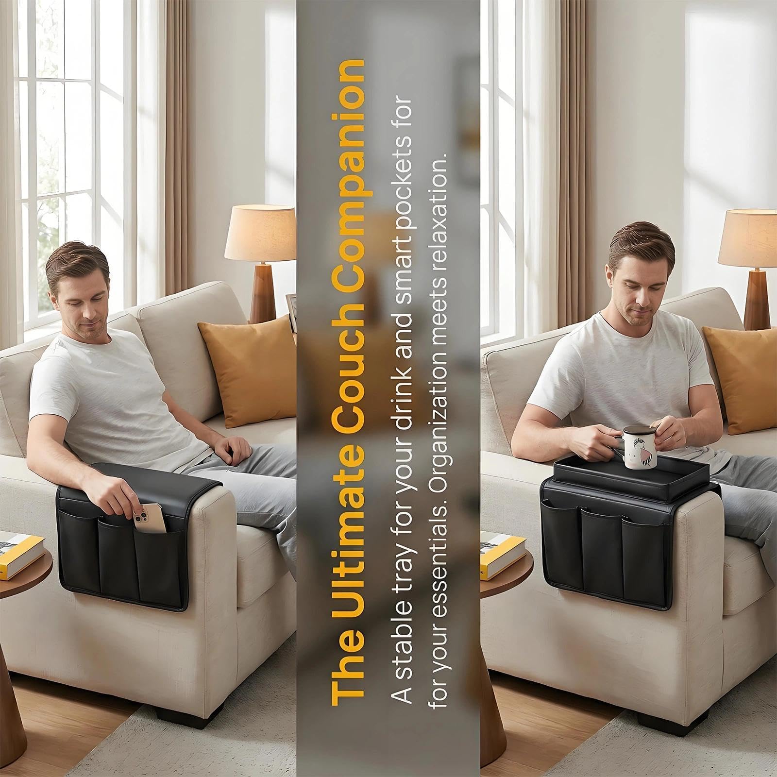 Sofa Arm Tray, Waterproof Sofa Arm Chair Table Tray, Sofa Armrest Organizer, Sofa Arm Caddy for Drinks with Yellow Rag