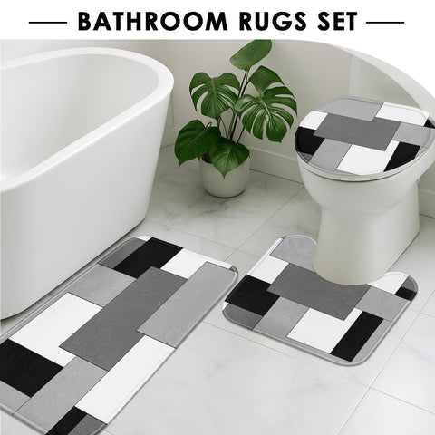 Tayney Grey Geometric Shower Curtain Set with Toilet Lid Cover and Non-Slip Rugs for Bathroom, Black White Checkered 4 Pcs Shower Curtain