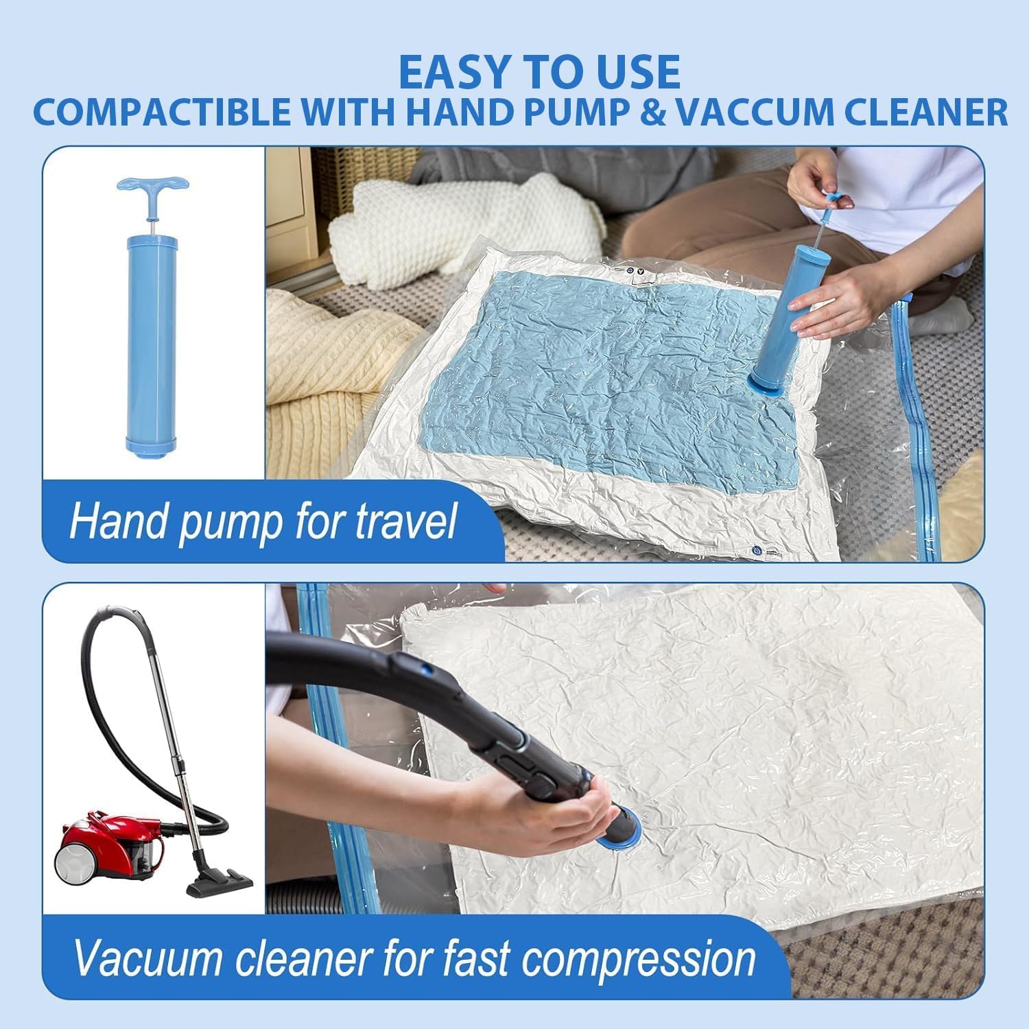 Vacuum Storage Bags Pack of 6 (2 Medium, 2 Large, 2 Jumbo) - Space-Saving Compression Bags with Airtight Seal - Reusable Zipper Bags for Clothes