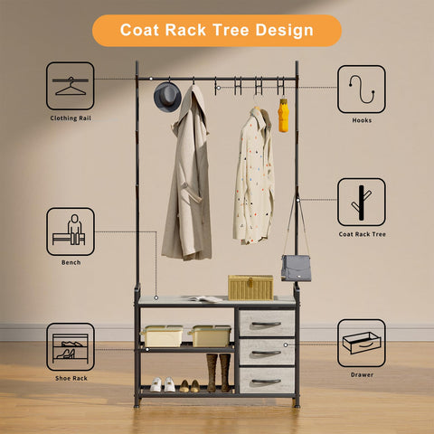 Free Standing Coat Rack Rustic Hall Tree Bench 33"x12"x69.3" Greige