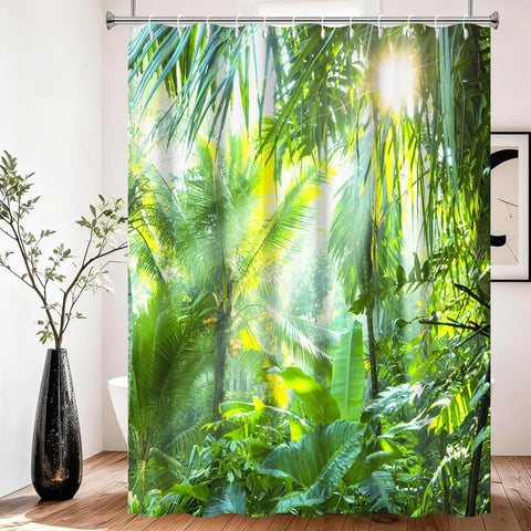 Xiaoterna Spring Shower Curtain Tropical Rainforest Lush Green Foliage in Jungle Bathroom Curtain Jungle Safari Sunrise Waterproof Shower Curtain