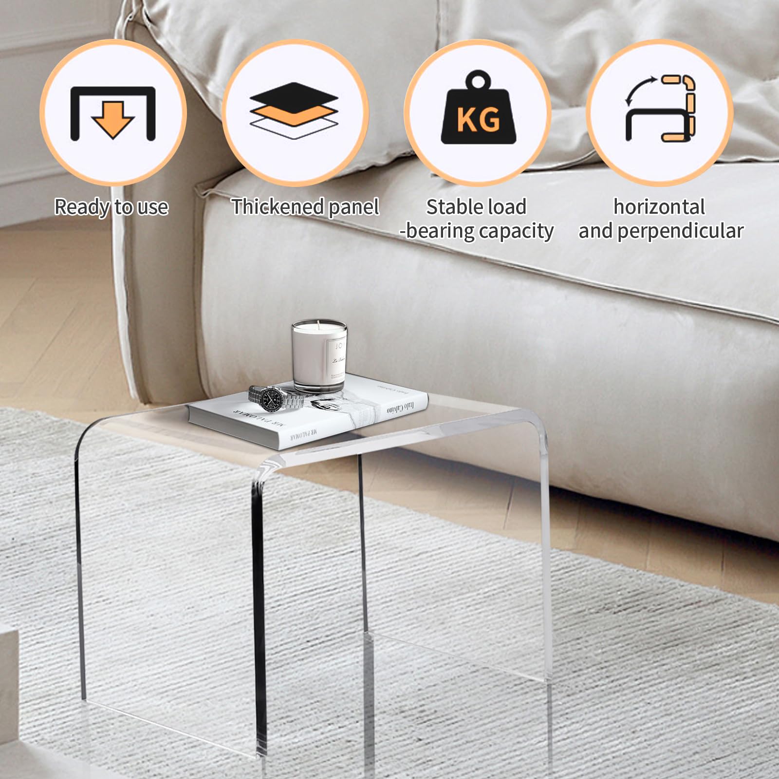 Clear Acrylic U Shaped End Table, Transparent Perspex Plastic Shower Stool, Stylish Modern Coffee Table with Rounded Edges