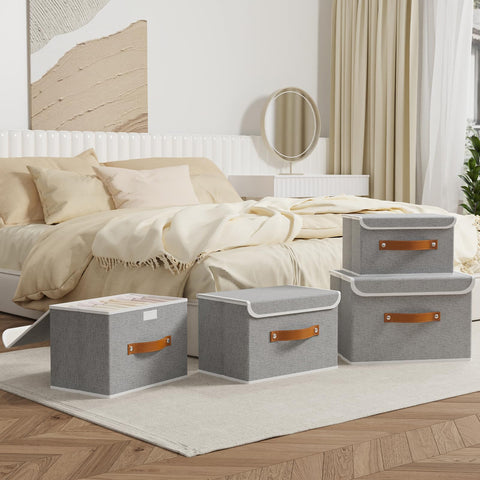 OUTBROS Fabric Storage Boxes with lids, Bins 33x23x20 cm (Grey, 3-Pack)