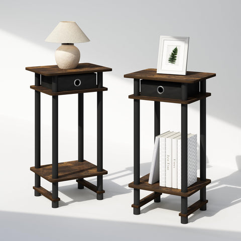 Furinno TURN-N-TUBE Night Stand Set of 2, 3-Tier Open Shelf Design Nightstand with Storage Bin, Tall Bedside Table, End Table, Side Table