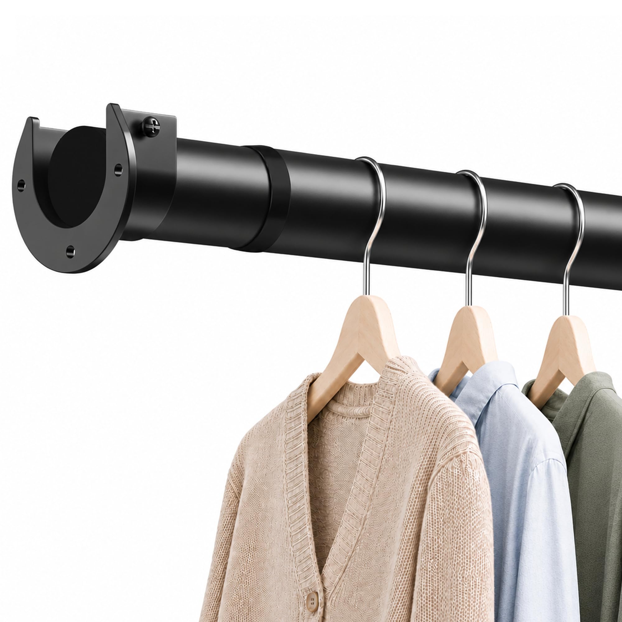 Wardrobe Rail Extendable Clothes Rail Heavy Duty 32mm Adjustable Wardrobe Pole and Fittings with Brackets Black 68-110cm