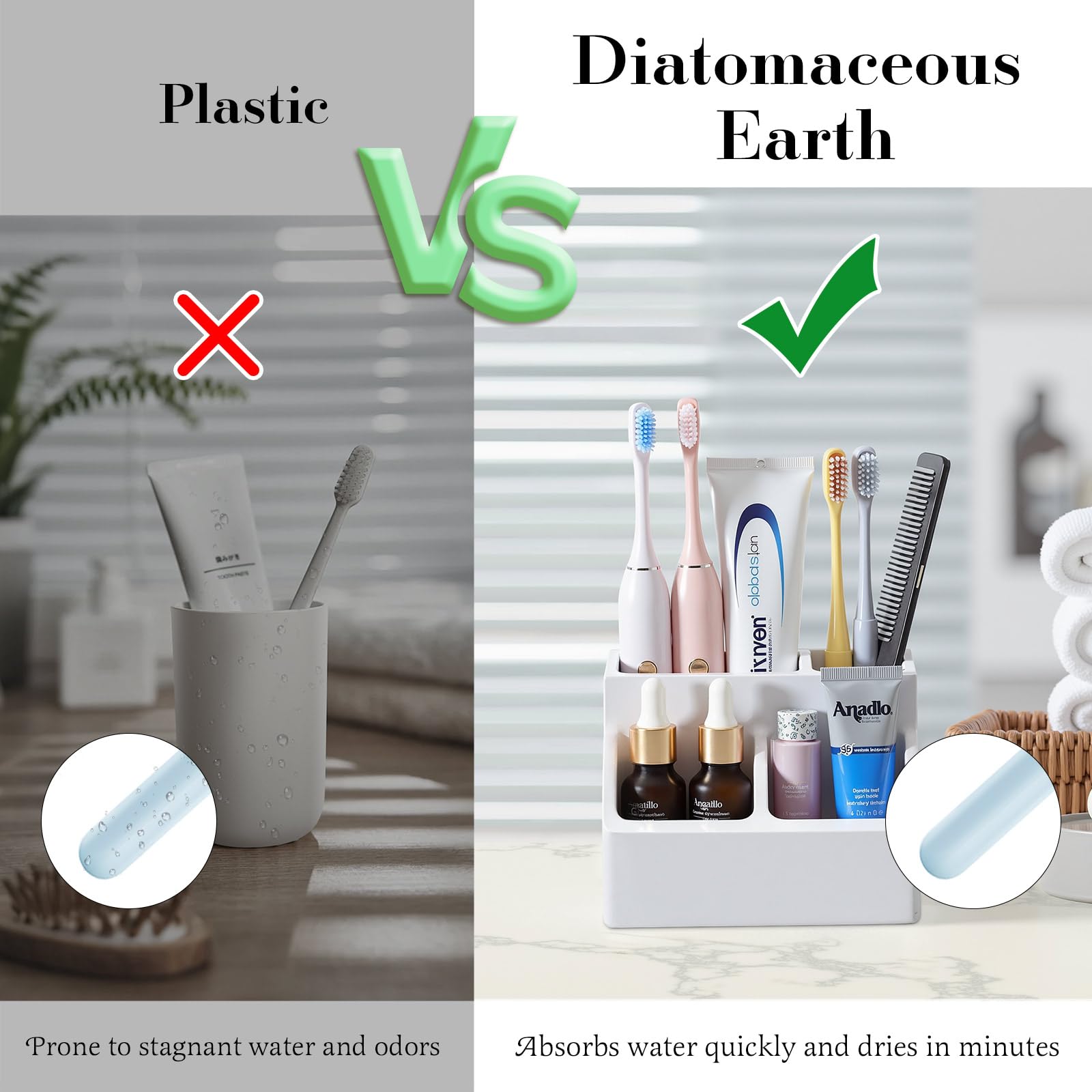 Luxspire Diatomite Toothbrush Holder, 4 Slots, Light Gray