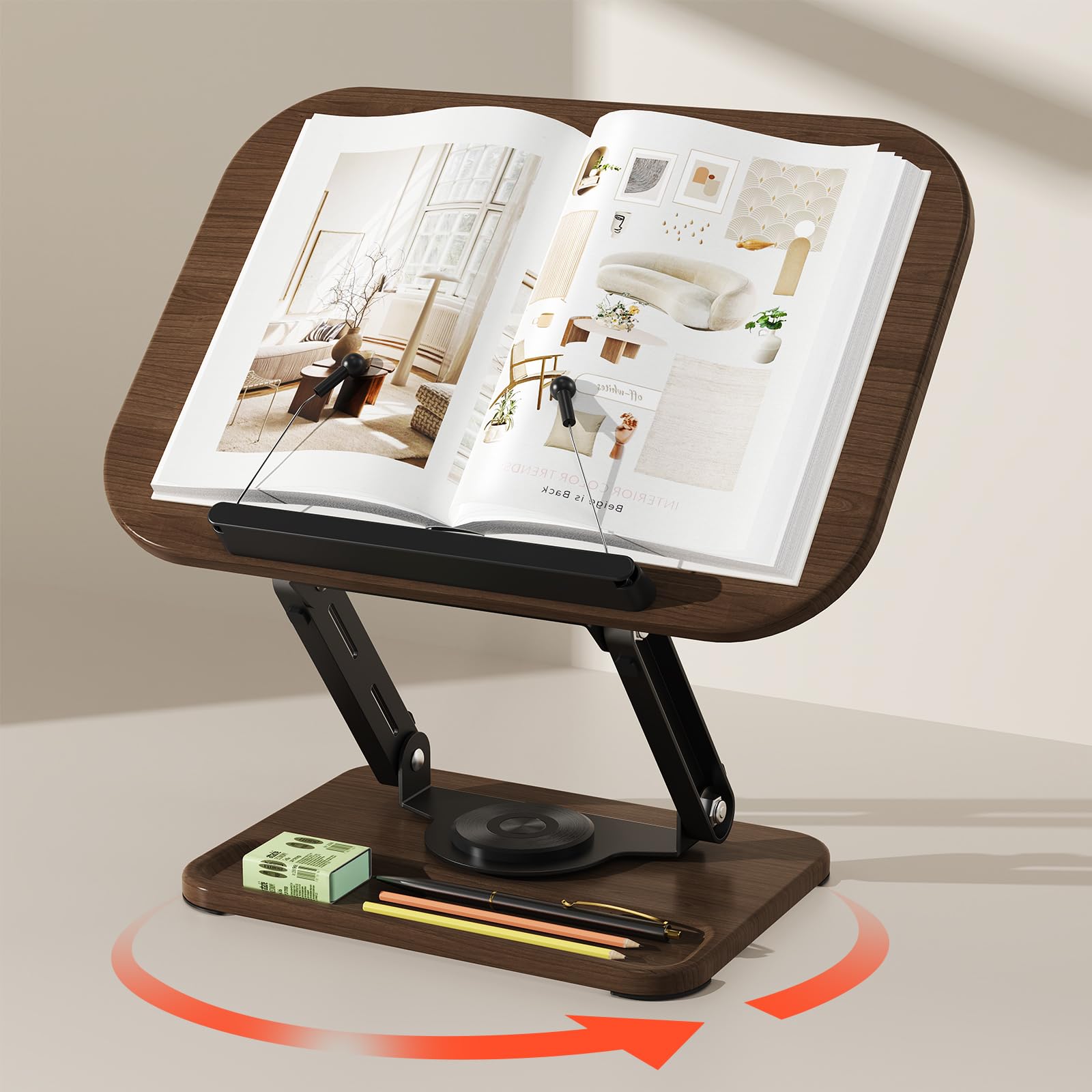 Book Stands for Reading,360 Degree Rotation, Height Adjustable, with Storage Slot,Suitable for Office, Kitchen, Cookbook, Textbook, Recipe