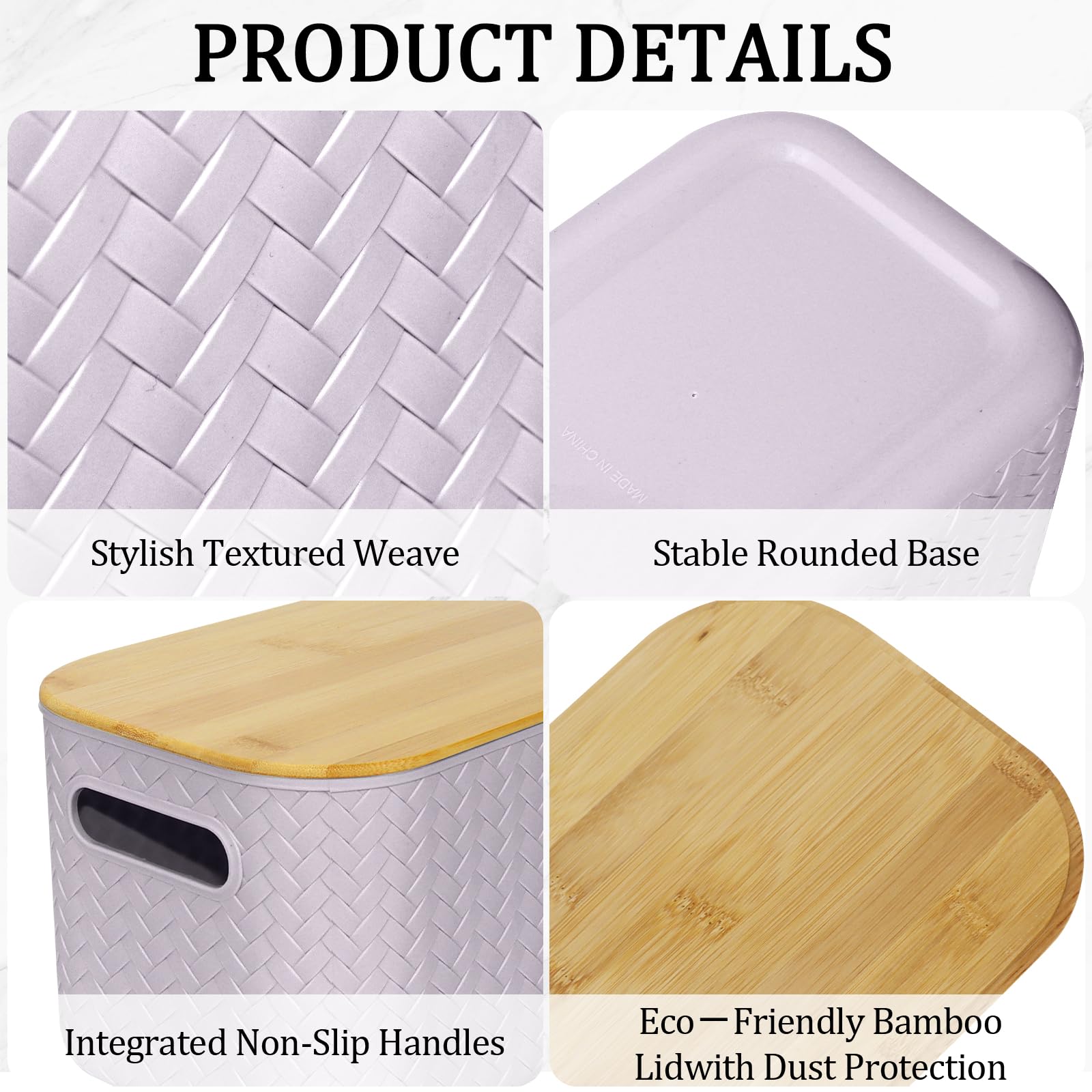 RWFMO 4 Pcs Plastic Purple Storage Baskets with Bamboo Lid for Bathroom