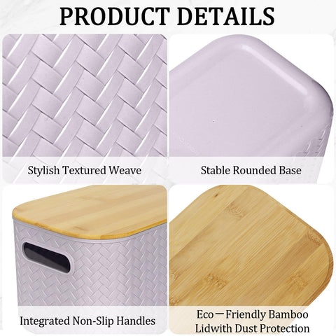 RWFMO 4 Pcs Plastic Purple Storage Baskets with Bamboo Lid for Bathroom