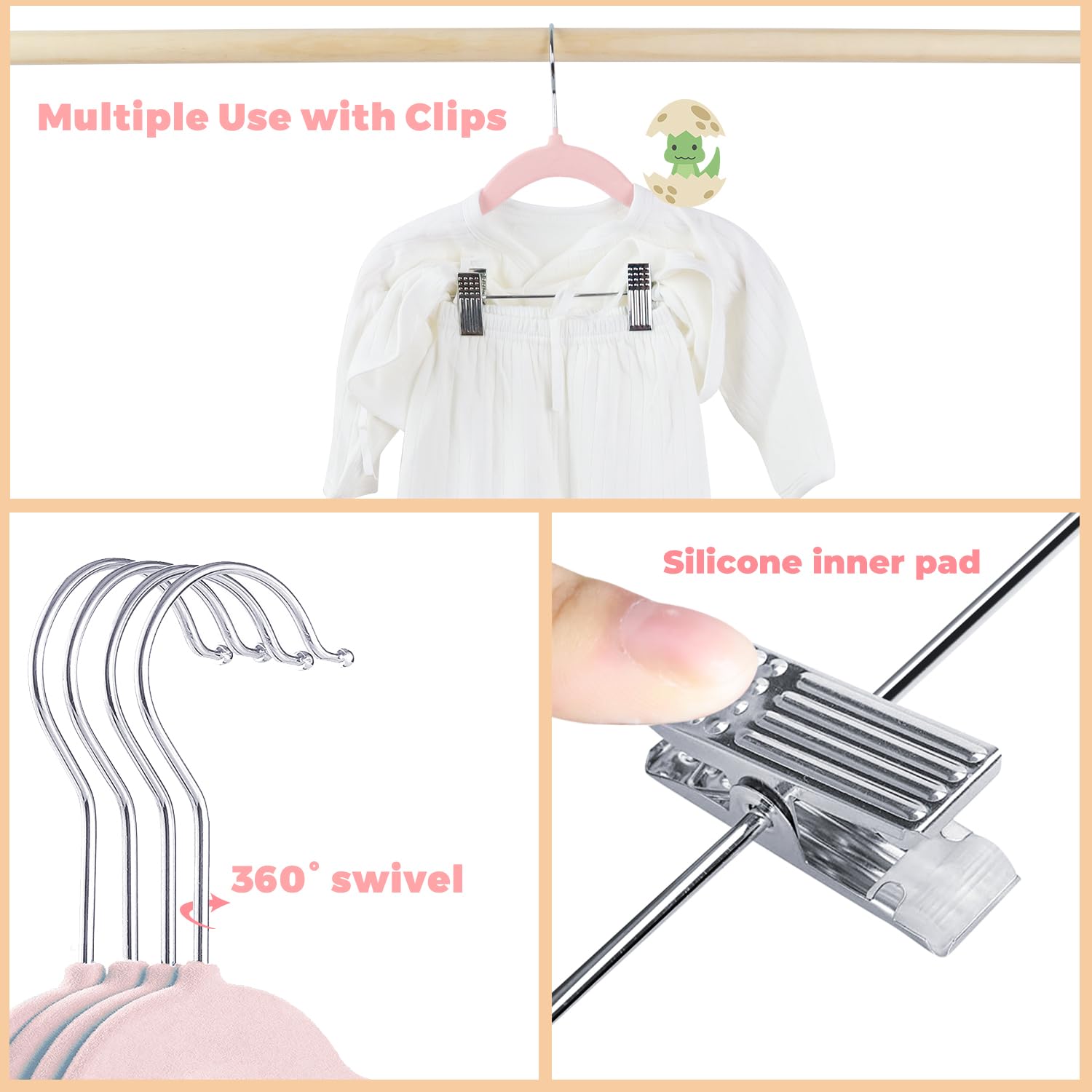 MangoKit Trouser Hangers & Movable Clips,Baby Velvet Hangers 16 Pack Pink
