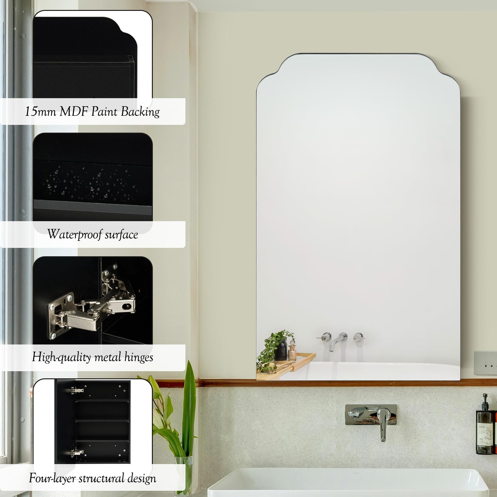 Lumibric Bathroom Cabinets with Mirror, Black Wooden, 73x43.5x15cm