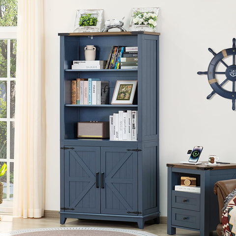 LELELINKY 70in Tall Bookshelf 5 Tier Bookcase with Barn Doors and Adjustable Shelves, Blue Farmhouse Book Shelf with Storage Cabinet