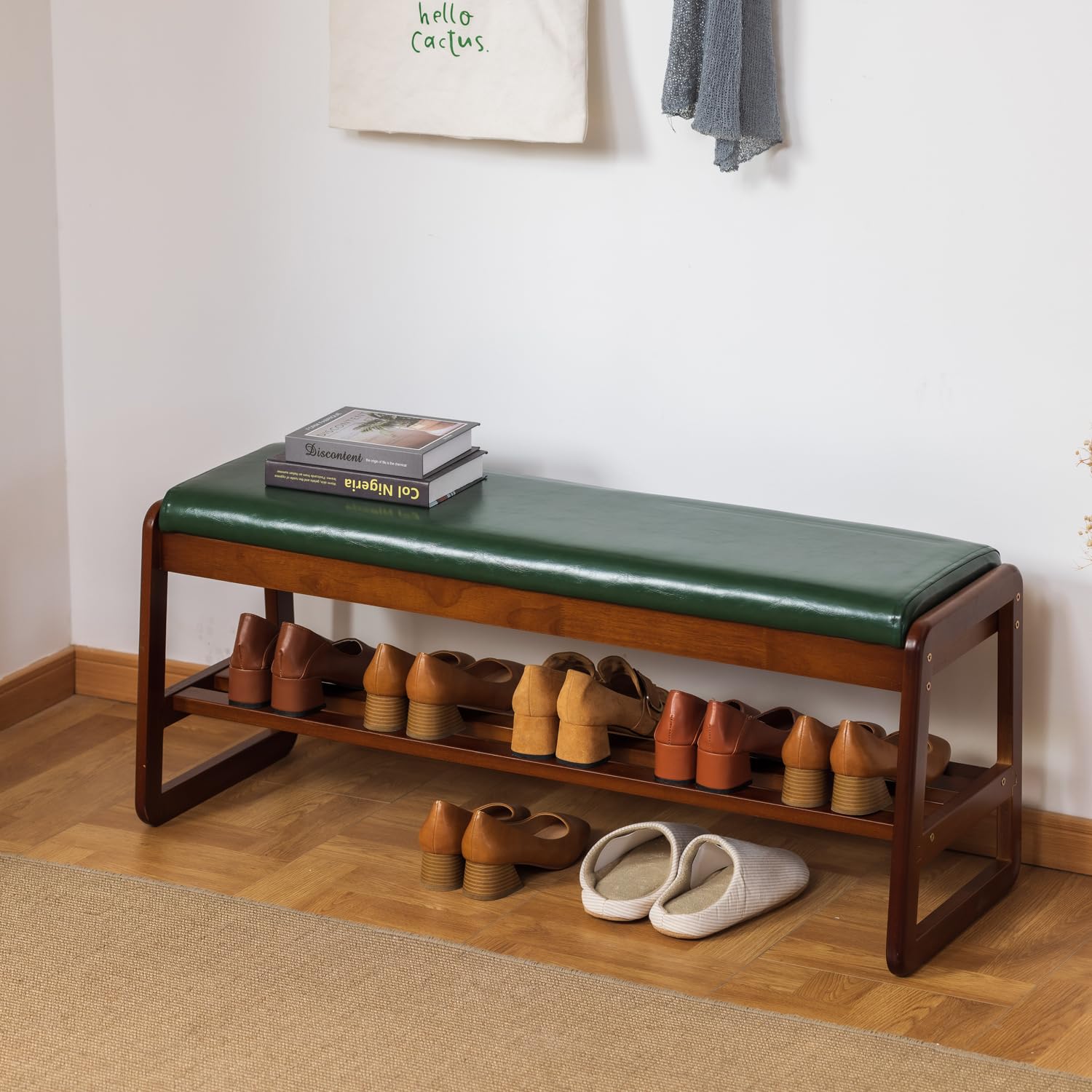 SOBIBO Solid Wood Shoe Bench, 2-Tier Entryway Bench with Cushion and Flip-Open Storage Box, Mid-Century Modern Shoe Bench Rack for Hallway