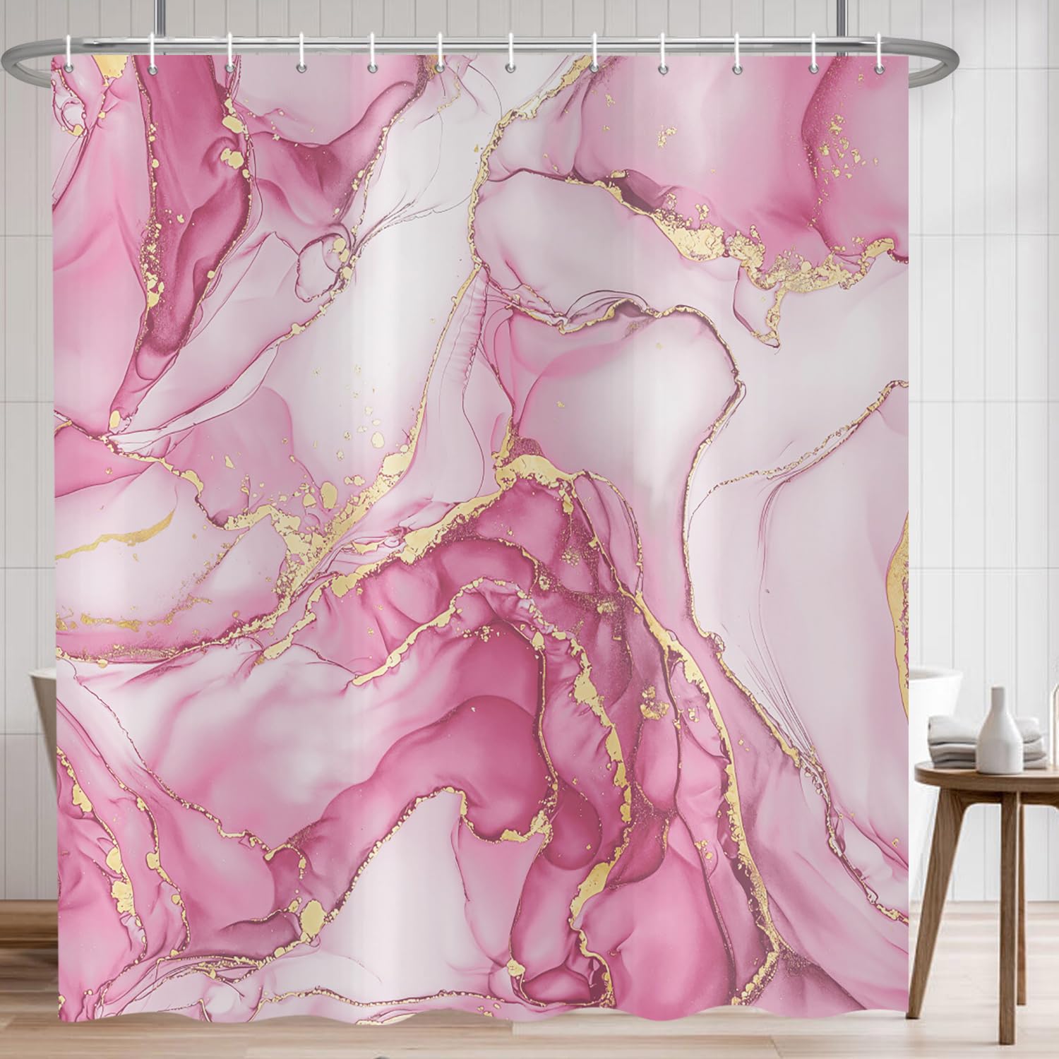 ASDCXZ Pink Marble Shower Curtain 180x200 cm, Modern Abstract Art Pink Gold Marble Optics Texture Waterproof Bath Curtain Polyester Textile Washable