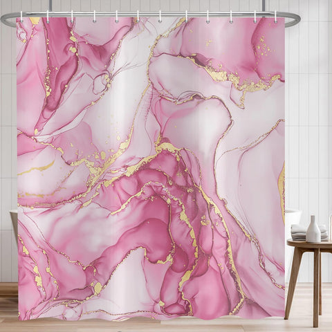 ASDCXZ Pink Marble Shower Curtain 180x200 cm, Modern Abstract Art Pink Gold Marble Optics Texture Waterproof Bath Curtain Polyester Textile Washable