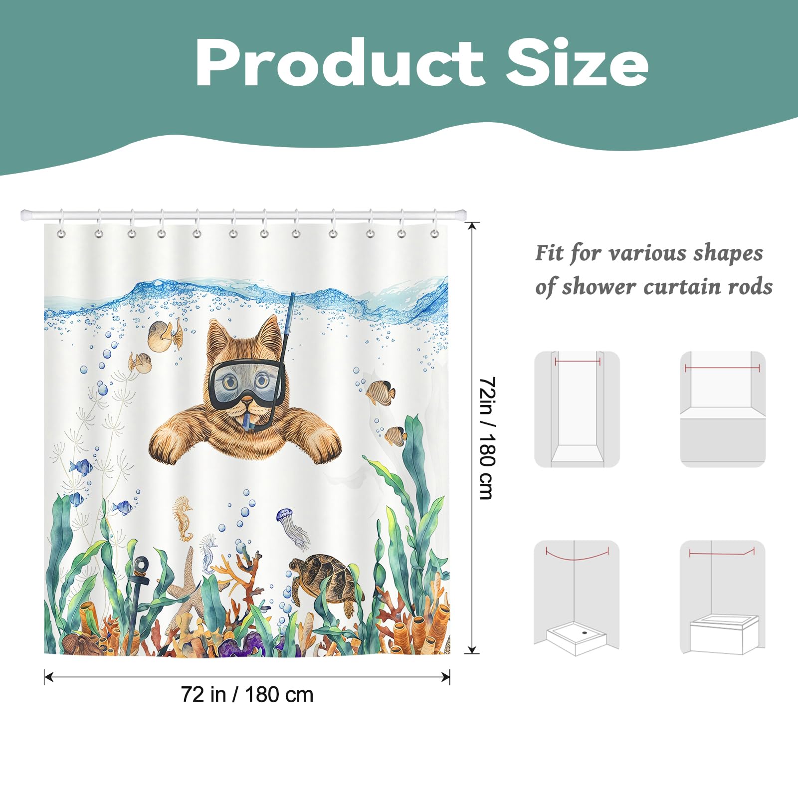 BREASOME Funny Cat Shower Curtain 180 x 180 cm Cute Cat Diving Swimming Shower Curtain for Bathroom Decor Mould Proof Waterproof Polyester Fabric