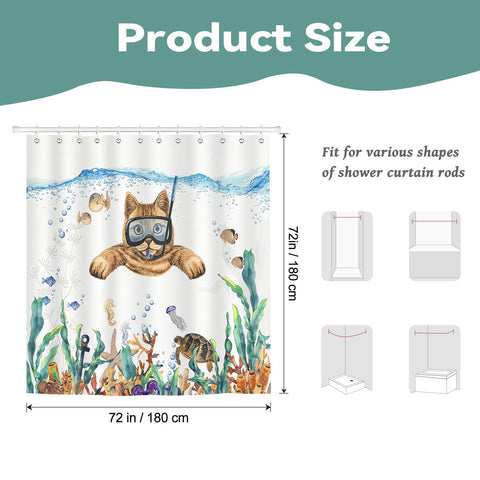 BREASOME Funny Cat Shower Curtain 180 x 180 cm Cute Cat Diving Swimming Shower Curtain for Bathroom Decor Mould Proof Waterproof Polyester Fabric