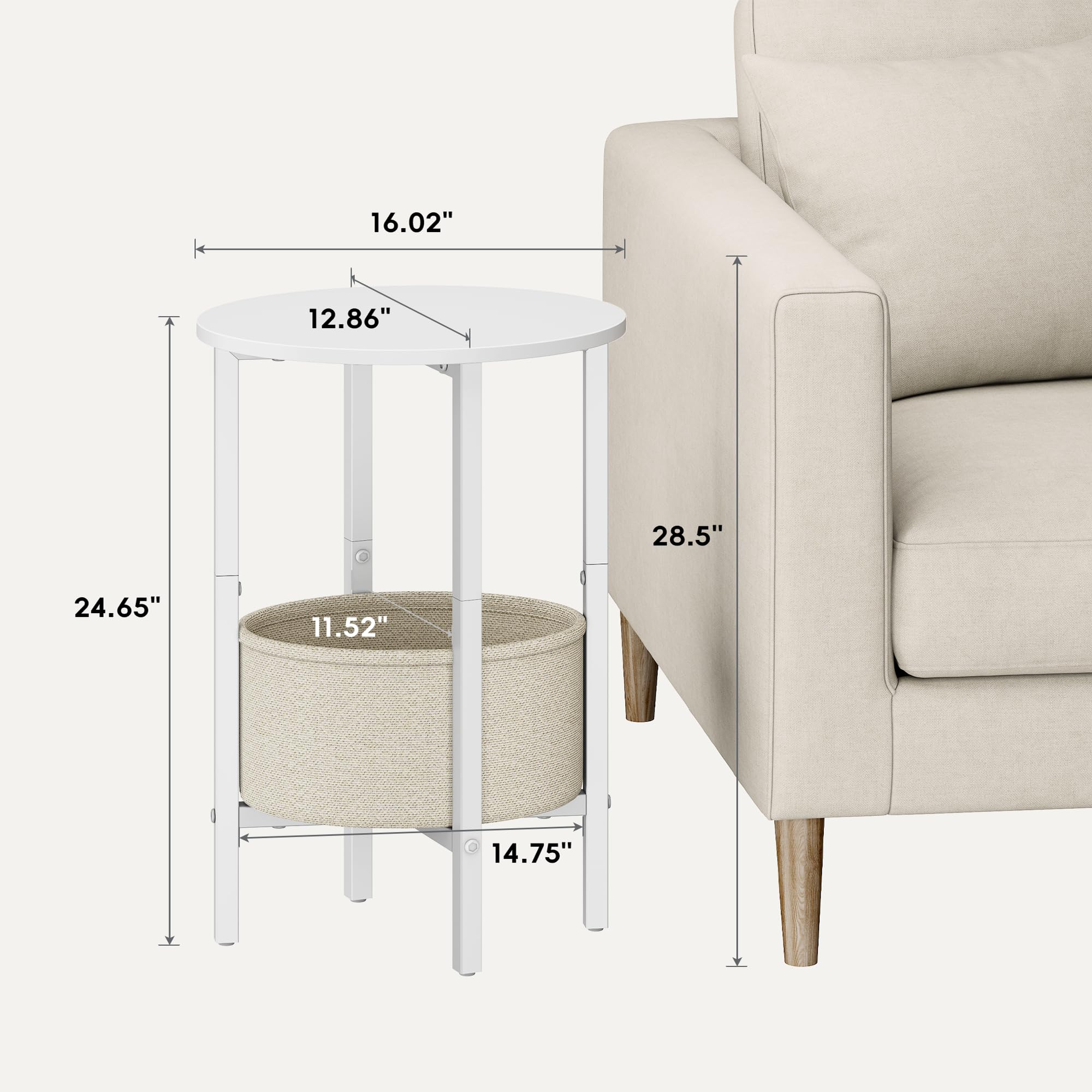 Vagusicc Round Side Table, Round Coffee Table with Fabric Basket, Side Tables Living Room, Decorative Small End Tables for Smal Space