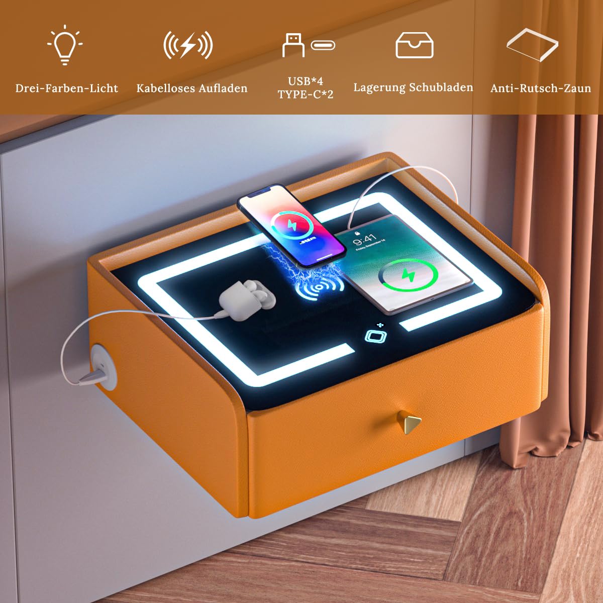 ihomemore Bedside Table with Charging Function Bedside Table Hanging Sleeping Options for Young People Orange