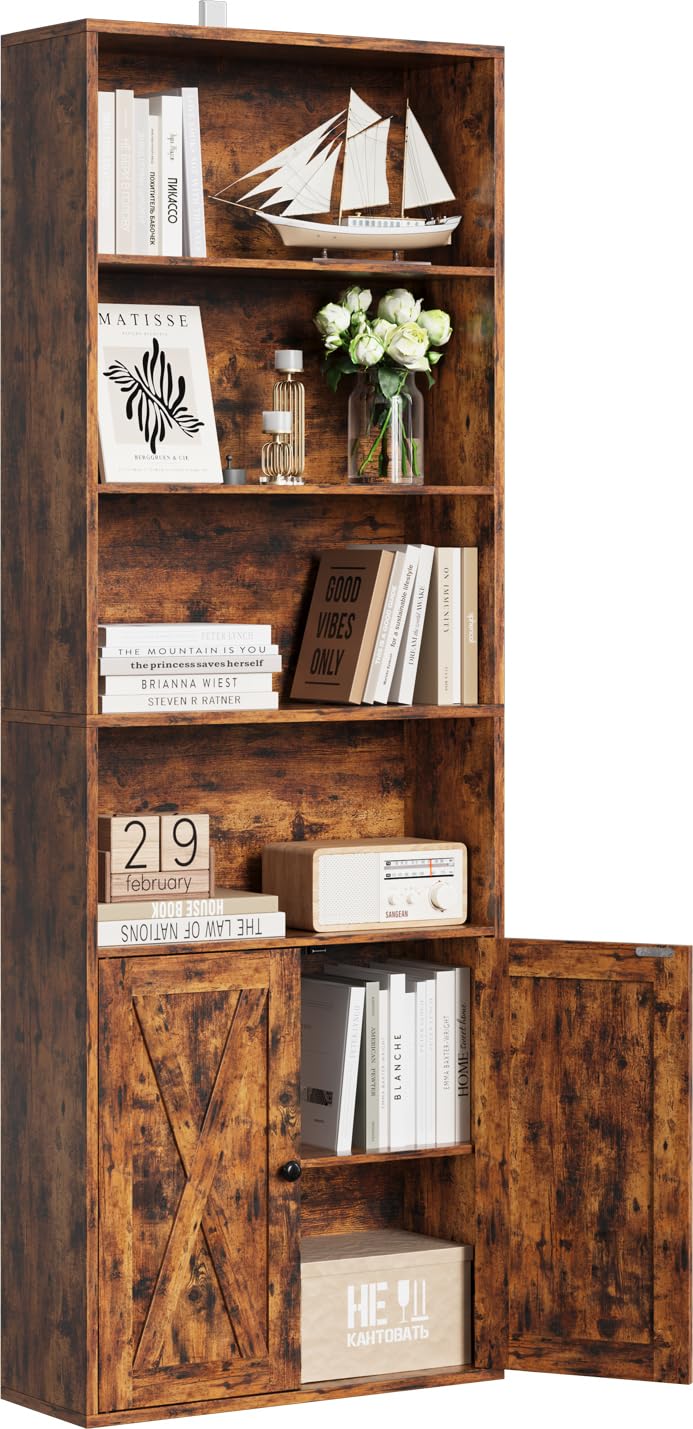 IRONCK Bookcase 6-Tier, Bookshelf with Doors, 180cm Tall Living Room Bookcases, Display Shelf Storage, Freestanding Book Shelf Unit for Home Office
