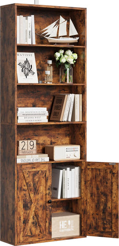 IRONCK Bookcase 6-Tier, Bookshelf with Doors, 180cm Tall Living Room Bookcases, Display Shelf Storage, Freestanding Book Shelf Unit for Home Office